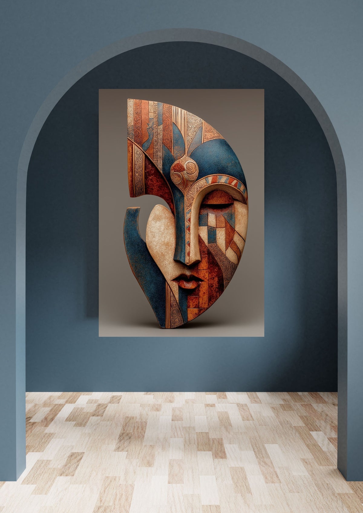 Terracotta Mask canvas hanging in a blue arched hallway with light wood floors