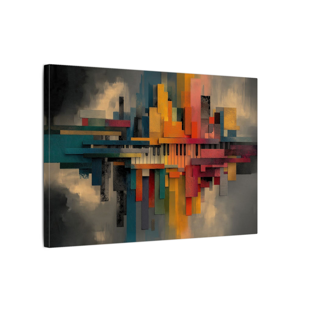 City Geometry canvas of an abstract geometric cityscape in teal, amber, coral and gold, angled view