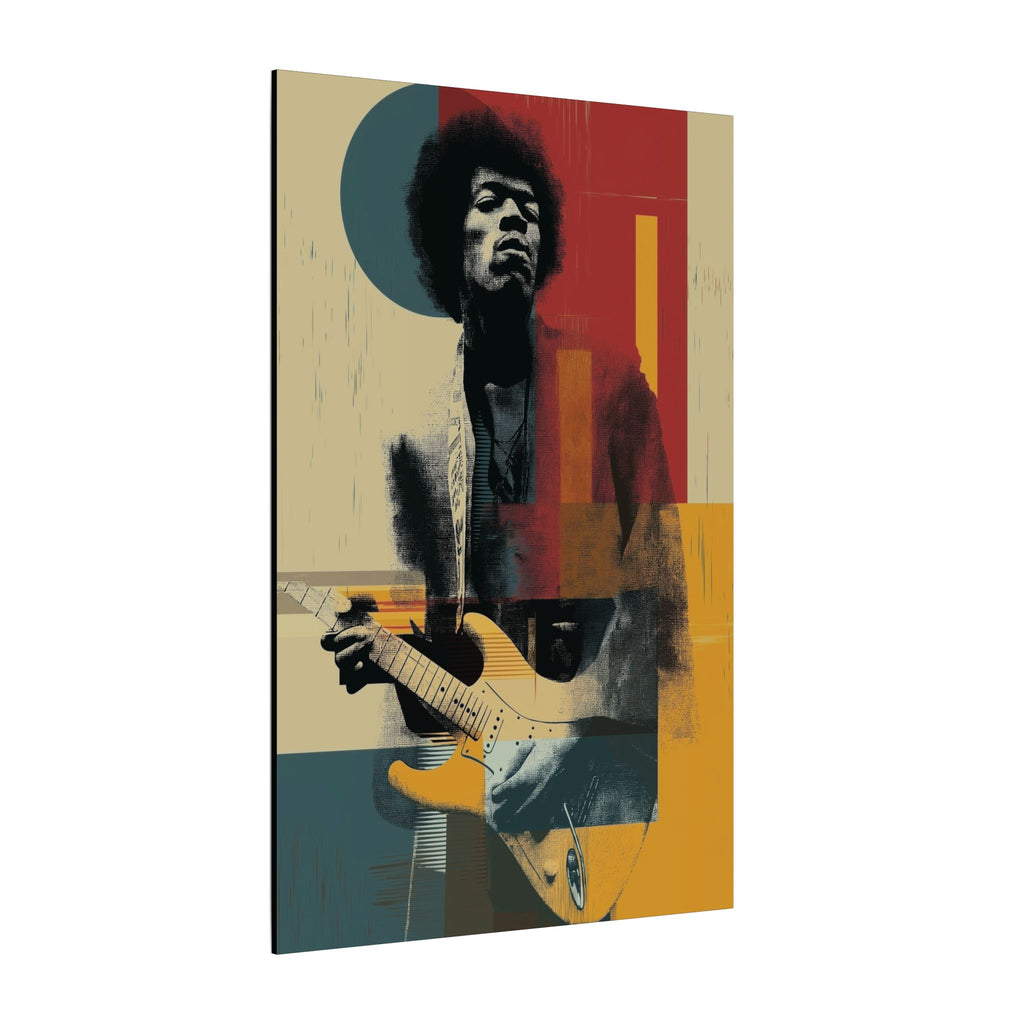 Jimi James canvas, vintage guitarist portrait over teal, red and mustard blocks, angled view