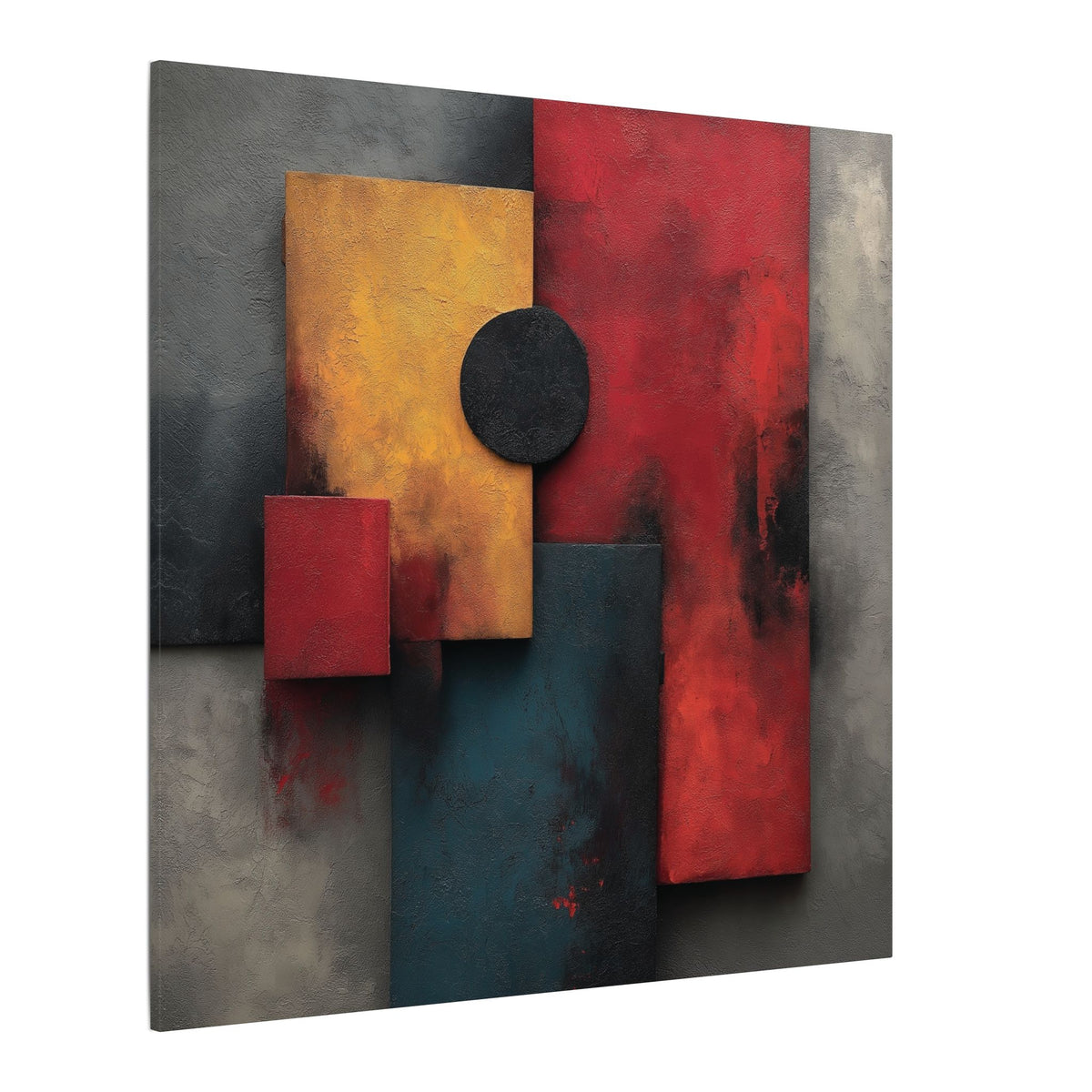 Abstract Geometric canvas of red, gold, teal and gray blocks with a black disc, angled view