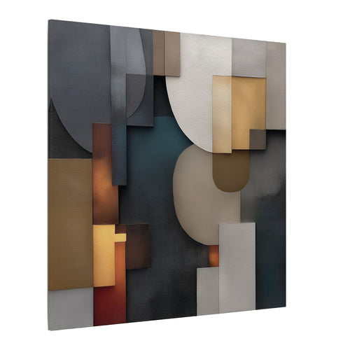 Abstract Geometric II canvas of gray, teal, ochre and rust arches and blocks, angled view