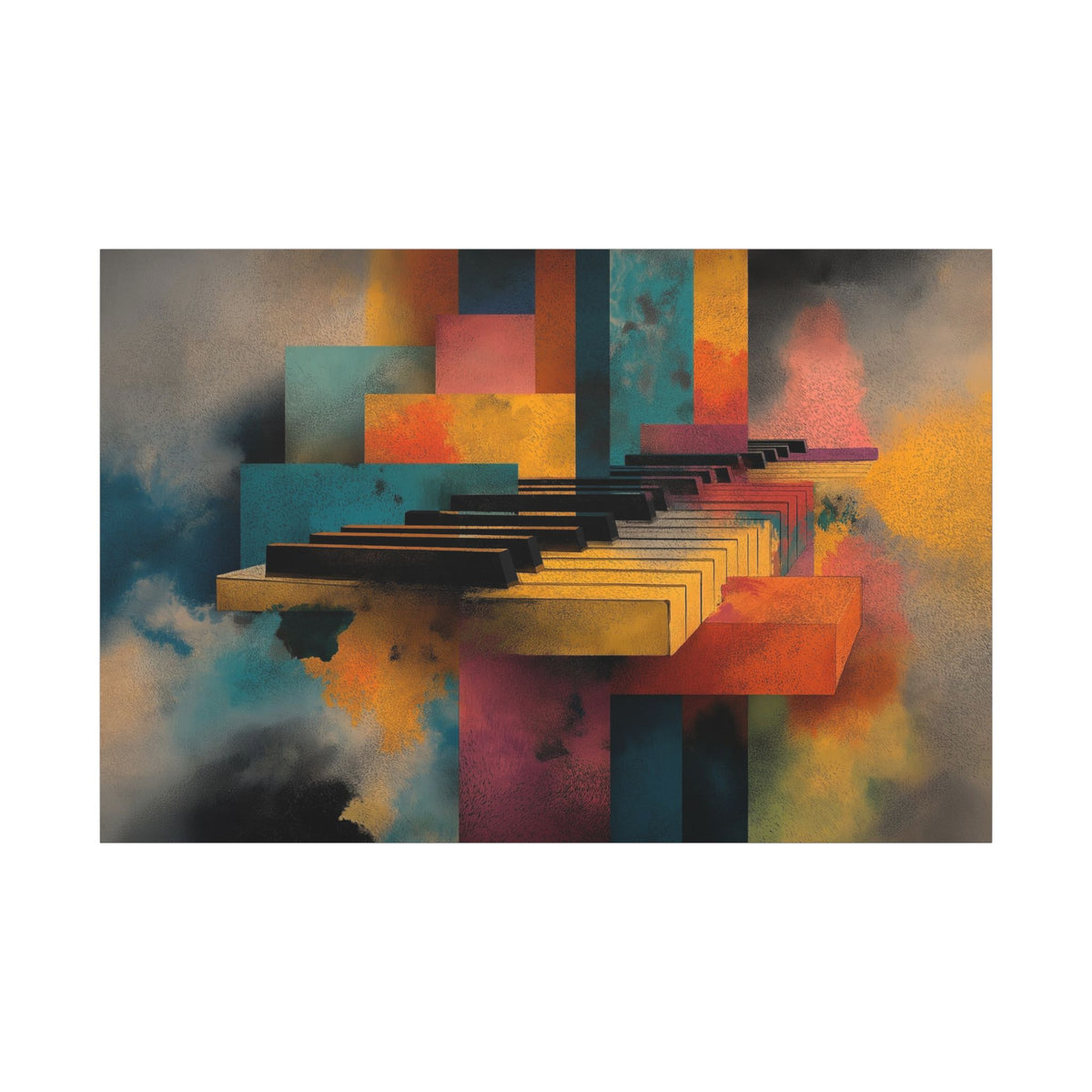 Piano Keyz canvas, front view of piano keys through colorful geometric blocks and smoky clouds