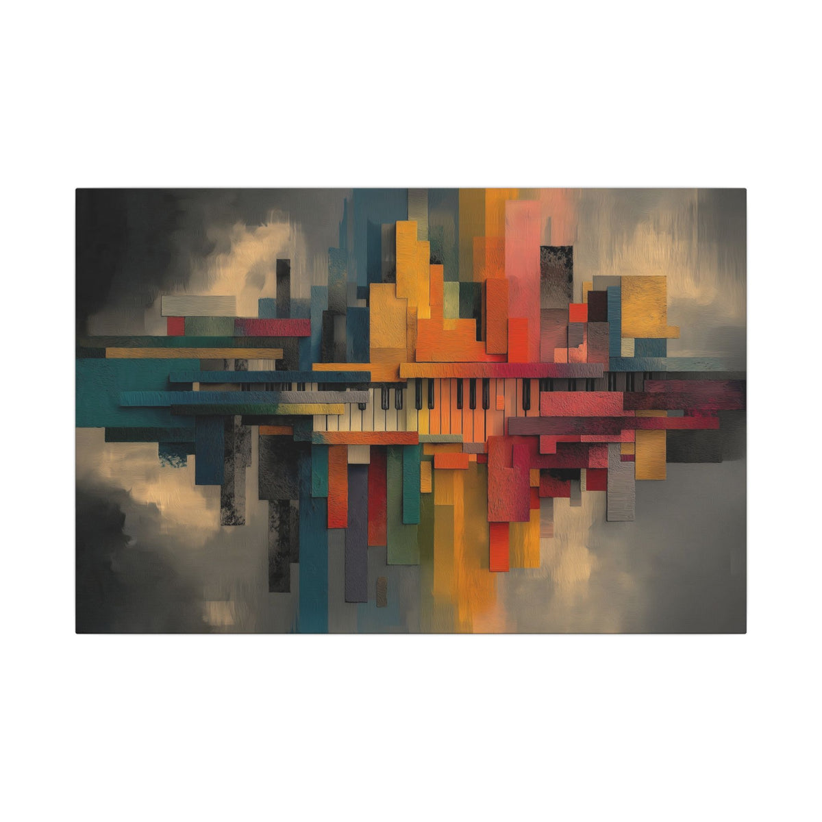 City Geometry canvas, front view of the mirrored skyline in teal, coral and gold on gray