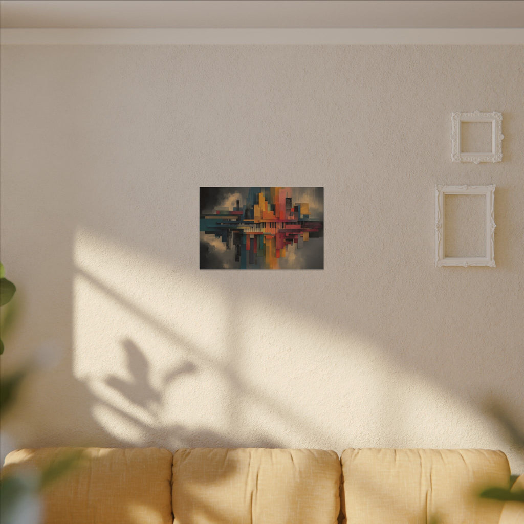 City Geometry canvas on a sunlit beige wall above a tan sofa