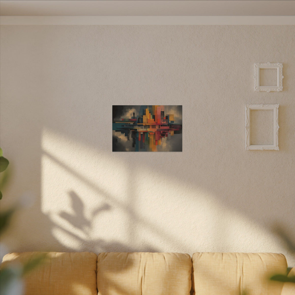 City Geometry canvas on a sunlit beige wall above a tan sofa