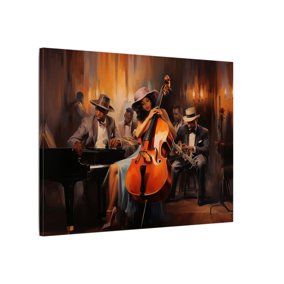 Jazz Band II canvas of a jazz band led by a woman on cello in amber light, angled view