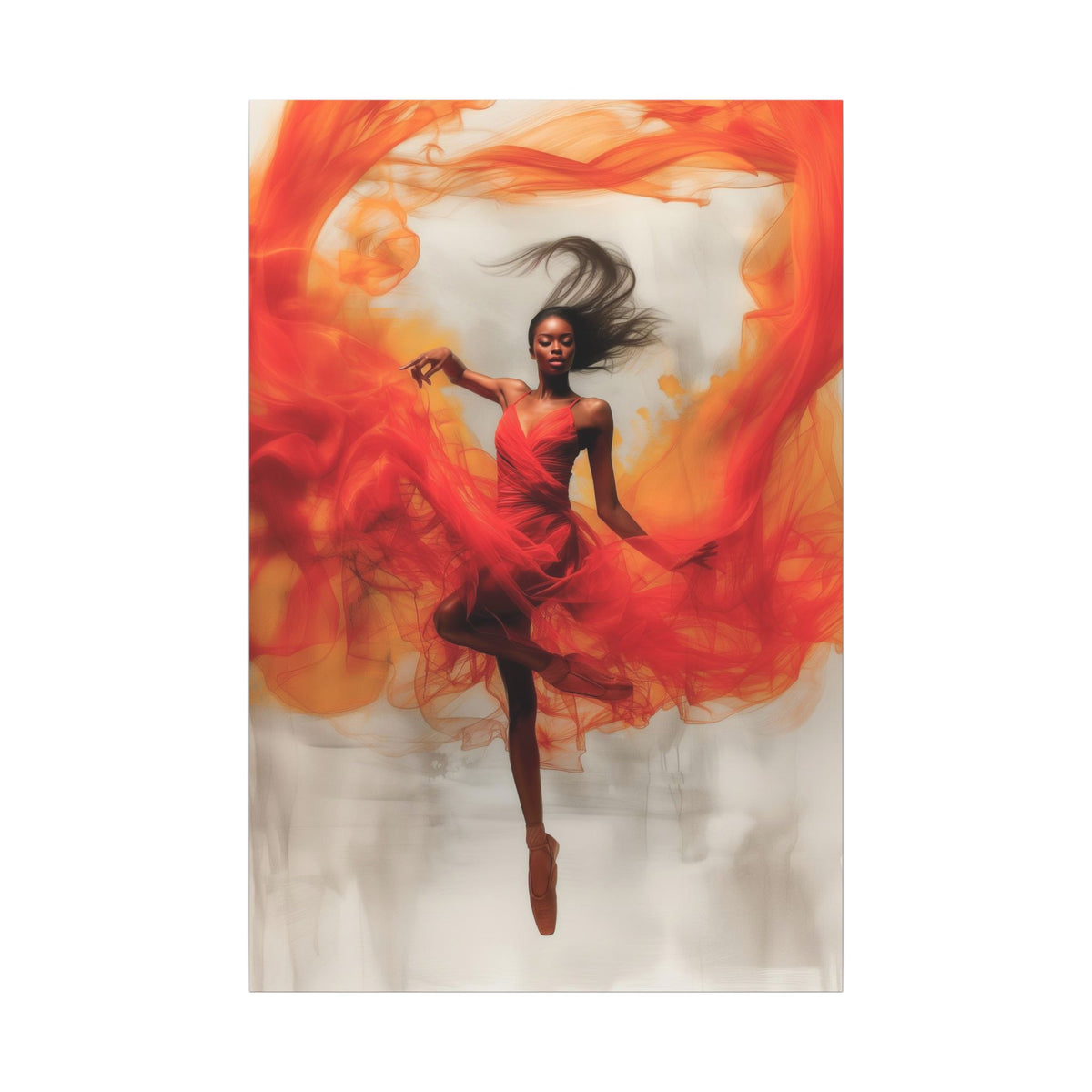 Flame Dancer canvas, full artwork of a Black ballerina mid-leap in ember red ribbons