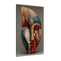 Terracotta Mask canvas of an abstract mask in deep blue, rust and terracotta, angled view
