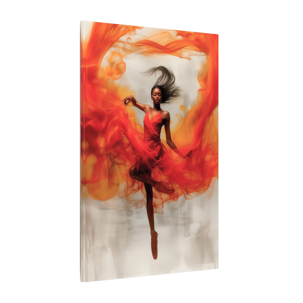 Flame Dancer canvas on a sunlit beige wall above a tan sofa