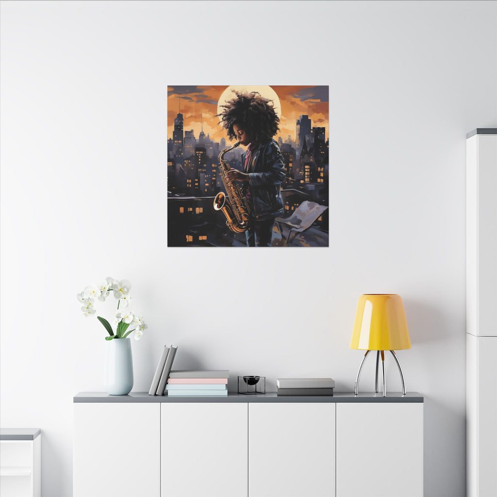 Black Child Saxophonist canvas in a larger size on a white wall above a sideboard