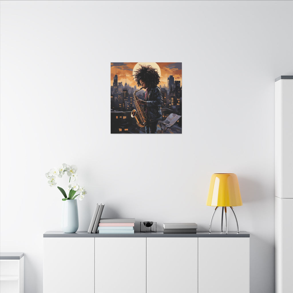 Black Child Saxophonist canvas above a white sideboard beside a yellow lamp and books