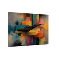 Piano Keyz canvas of a floating keyboard among teal, gold and coral blocks, angled view