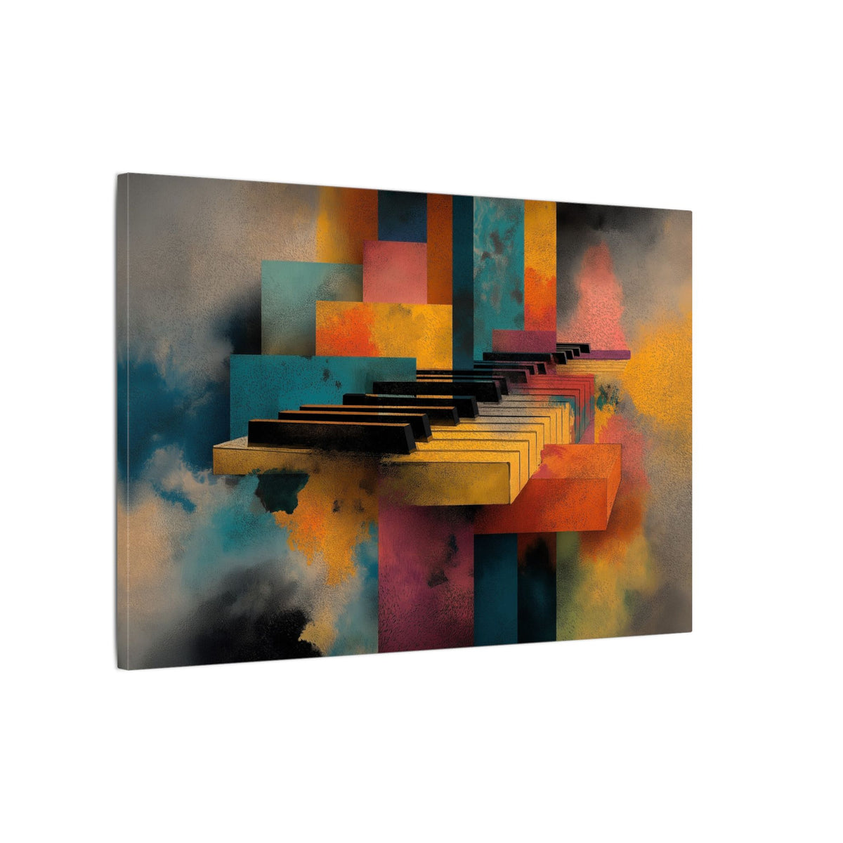 Piano Keyz canvas of a floating keyboard among teal, gold and coral blocks, angled view