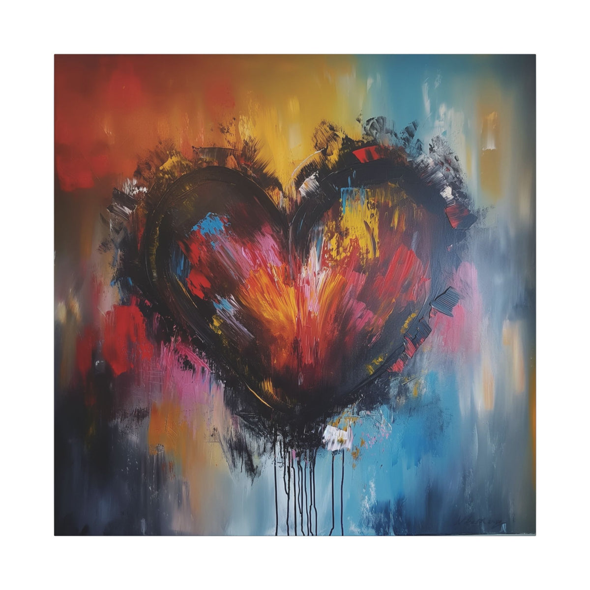 Colorful Heart canvas of a dripping heart in crimson, magenta, gold and blue, front view