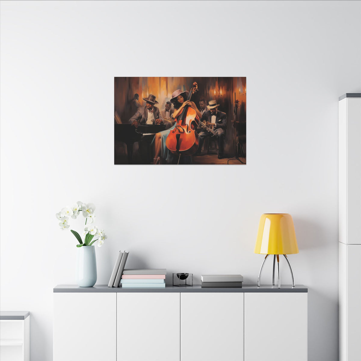 Jazz Band II canvas in a medium size above a white sideboard with a yellow lamp