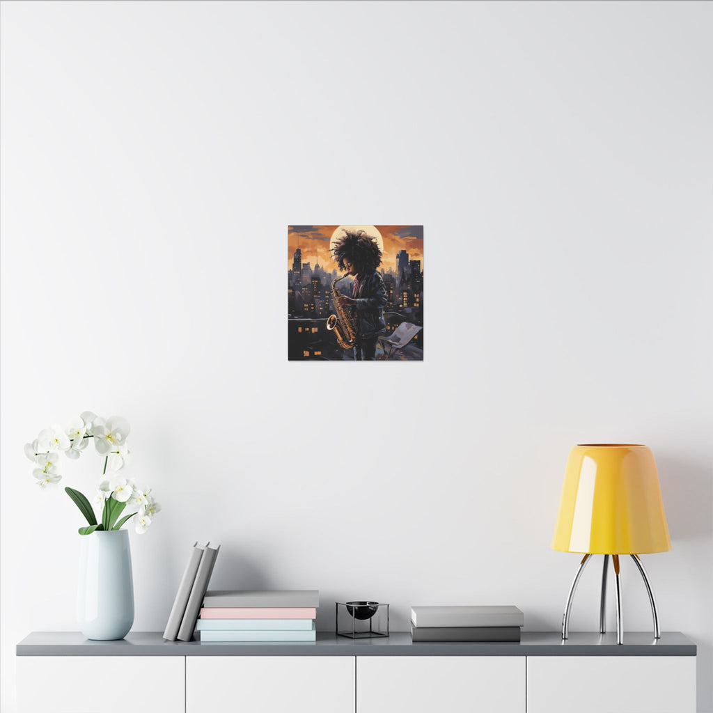 Black Child Saxophonist canvas in a small size above a white sideboard with orchids