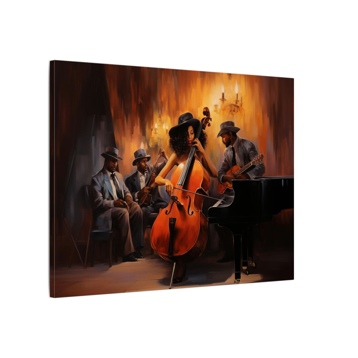 Jazz Band III canvas of a jazz band with double bass, piano and guitar in amber light, angled view
