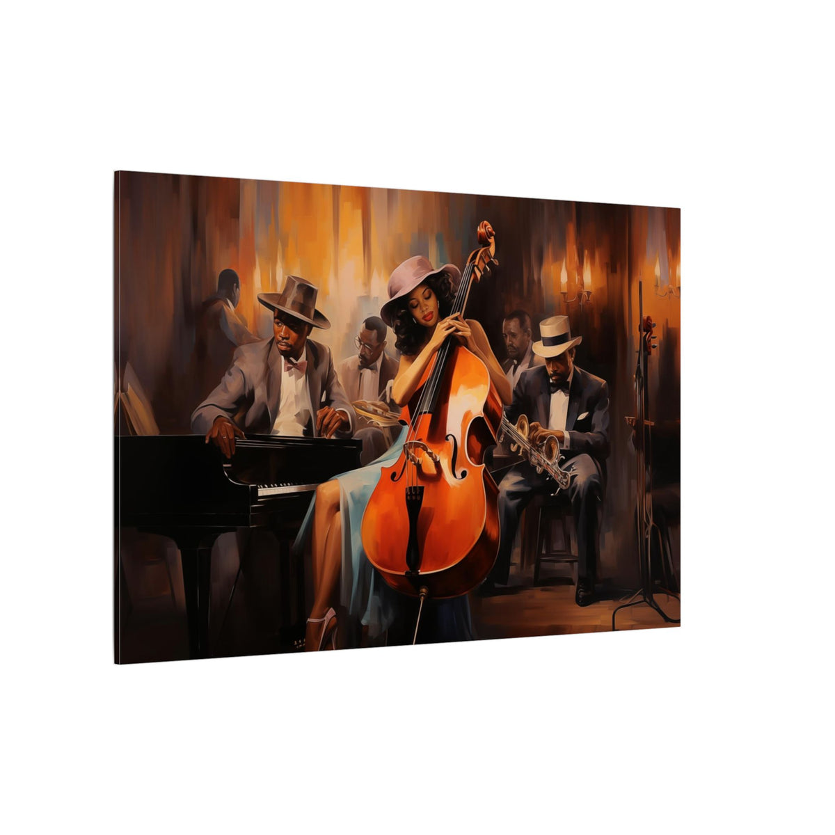 Jazz Band II canvas, angled view from the left of the cellist and band in amber light
