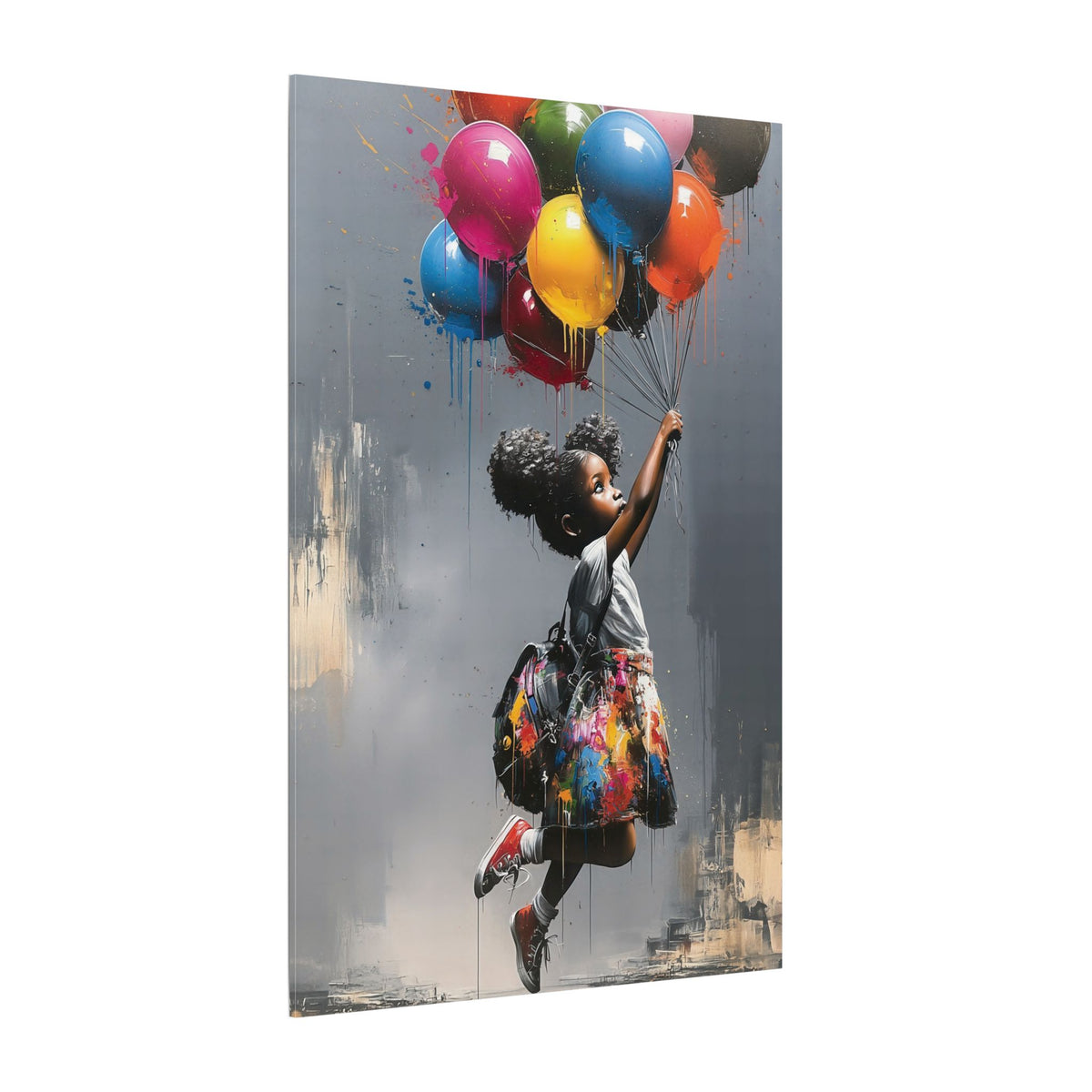 Up, Up & Away canvas of a little Black girl floating with colorful balloons on a gray background