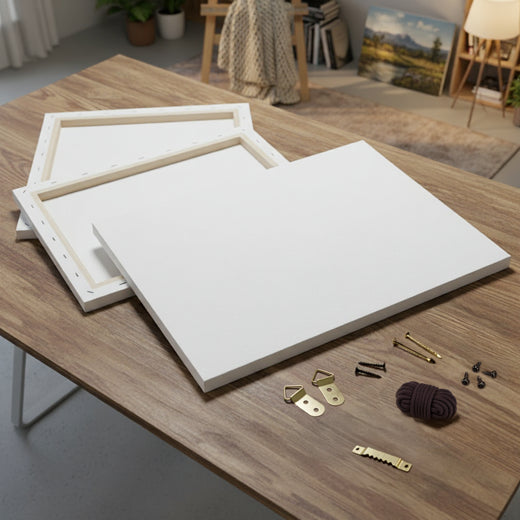Blank canvas frames with brass hanging hardware, showing how the Black & Gold Mask canvas is built