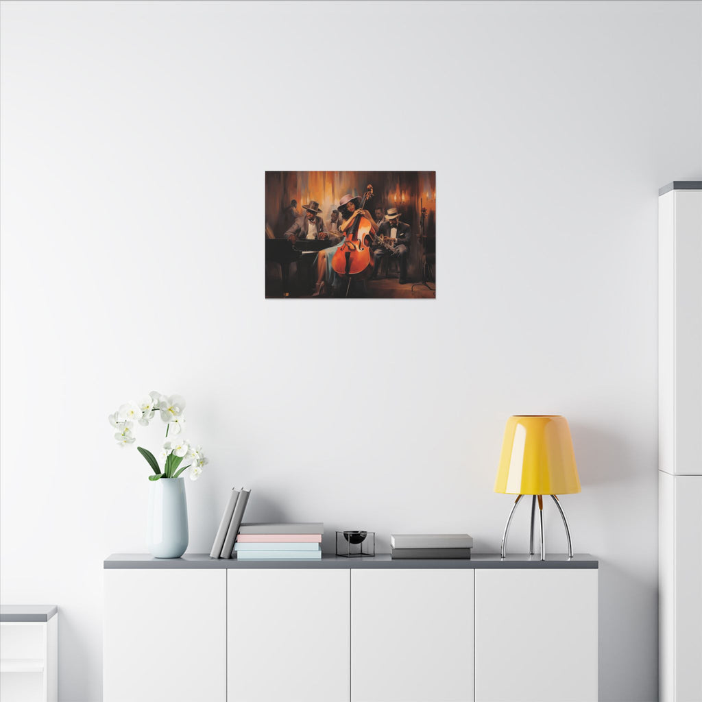 Jazz Band II canvas in a small size above a white sideboard with a yellow lamp and flowers