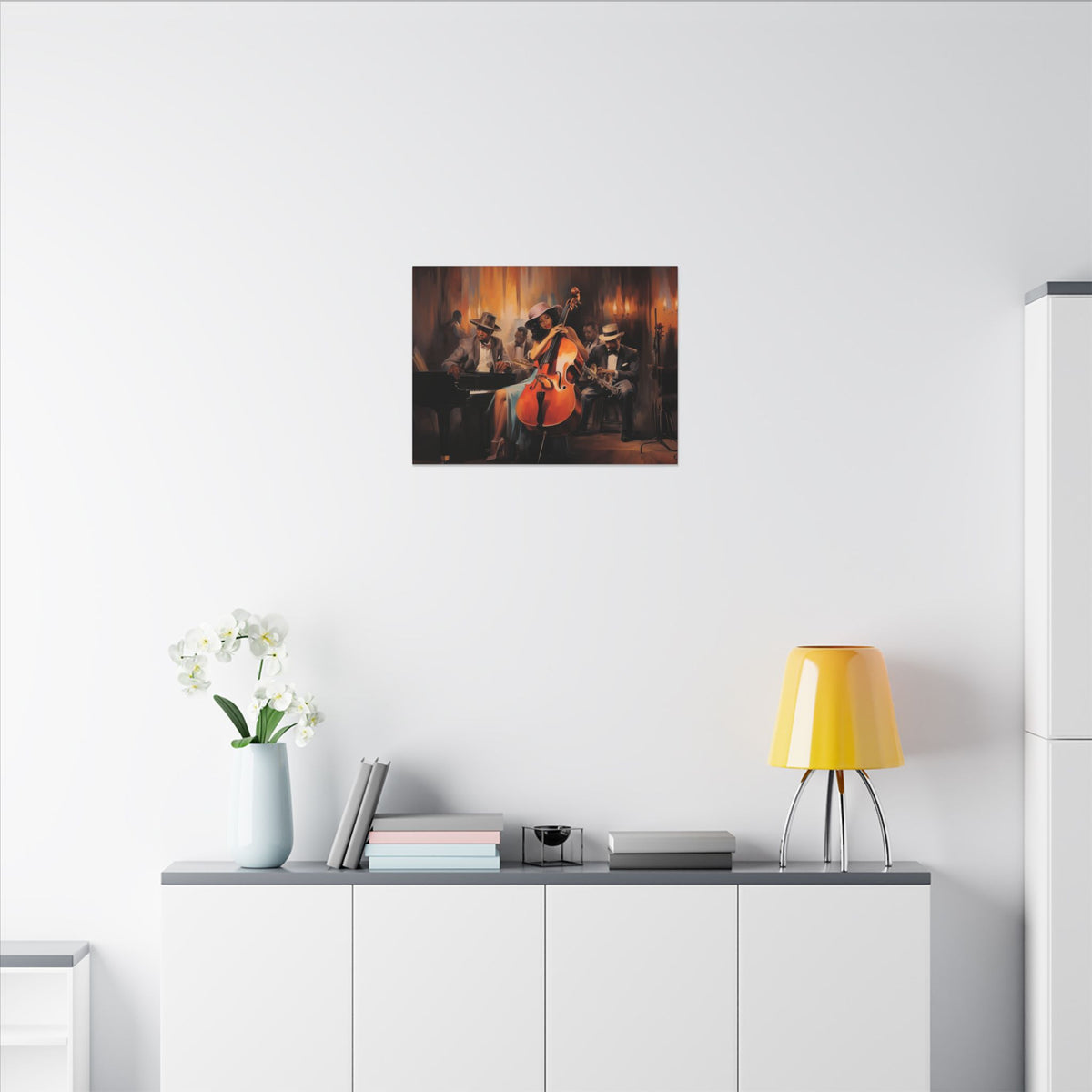 Jazz Band II canvas in a small size above a white sideboard with a yellow lamp and flowers