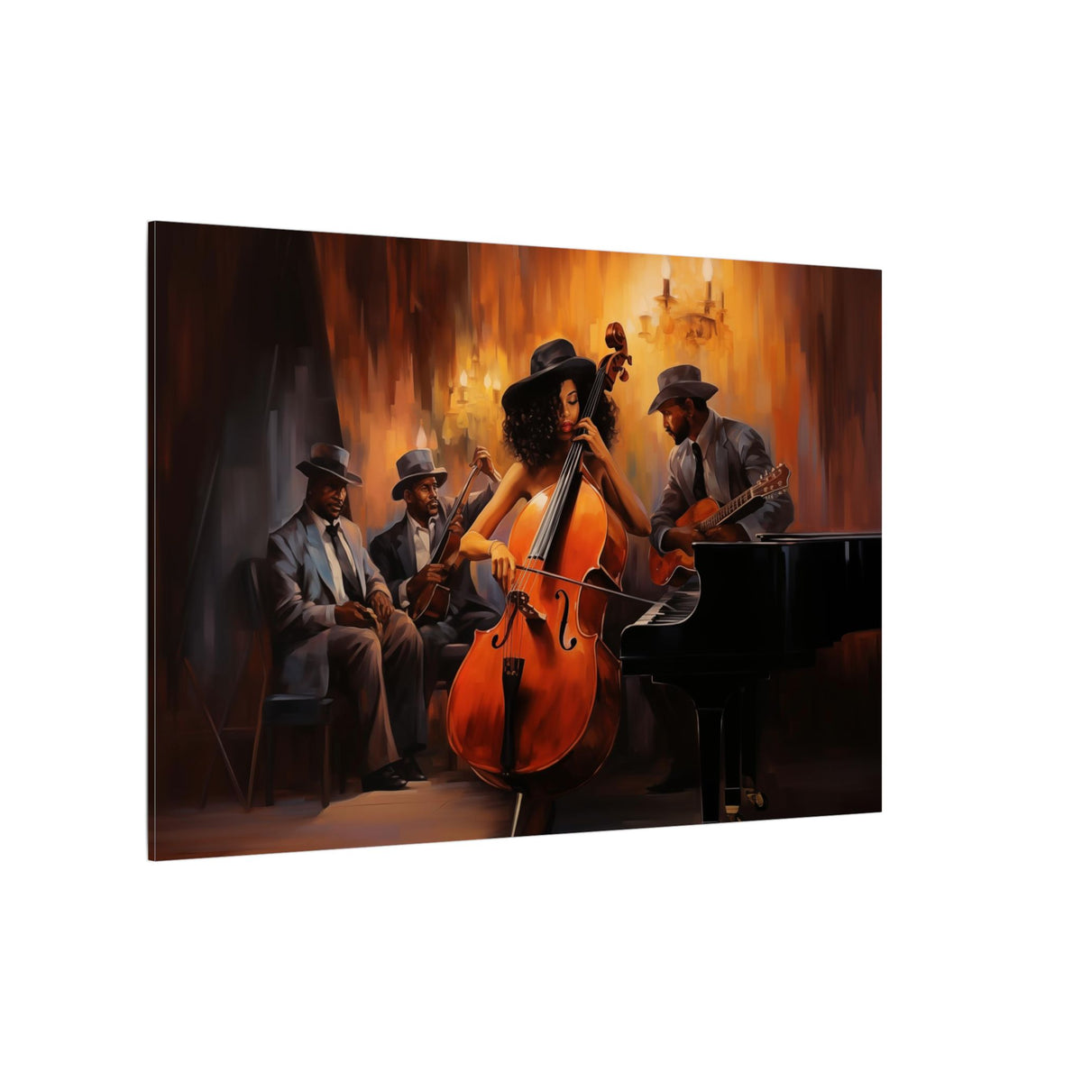 Jazz Band III canvas, angled view from the right of the bassist and band in amber light