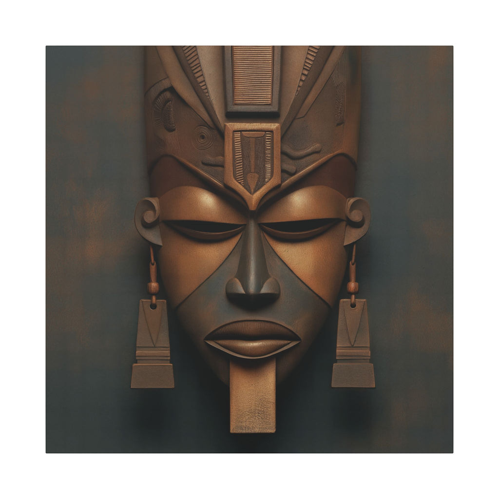 Architect of Ancestry II canvas of a carved brown mask with tall headdress on charcoal, front view