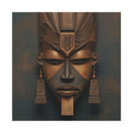 Architect of Ancestry II canvas of a carved brown mask with tall headdress on charcoal, front view