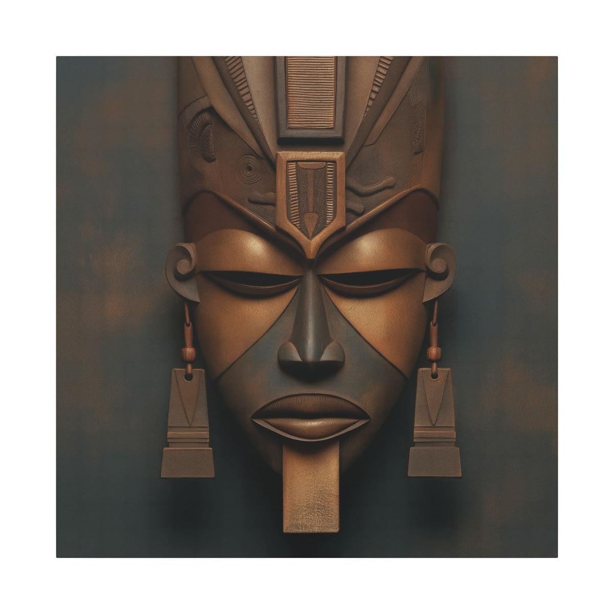 Architect of Ancestry II canvas of a carved brown mask with tall headdress on charcoal, front view
