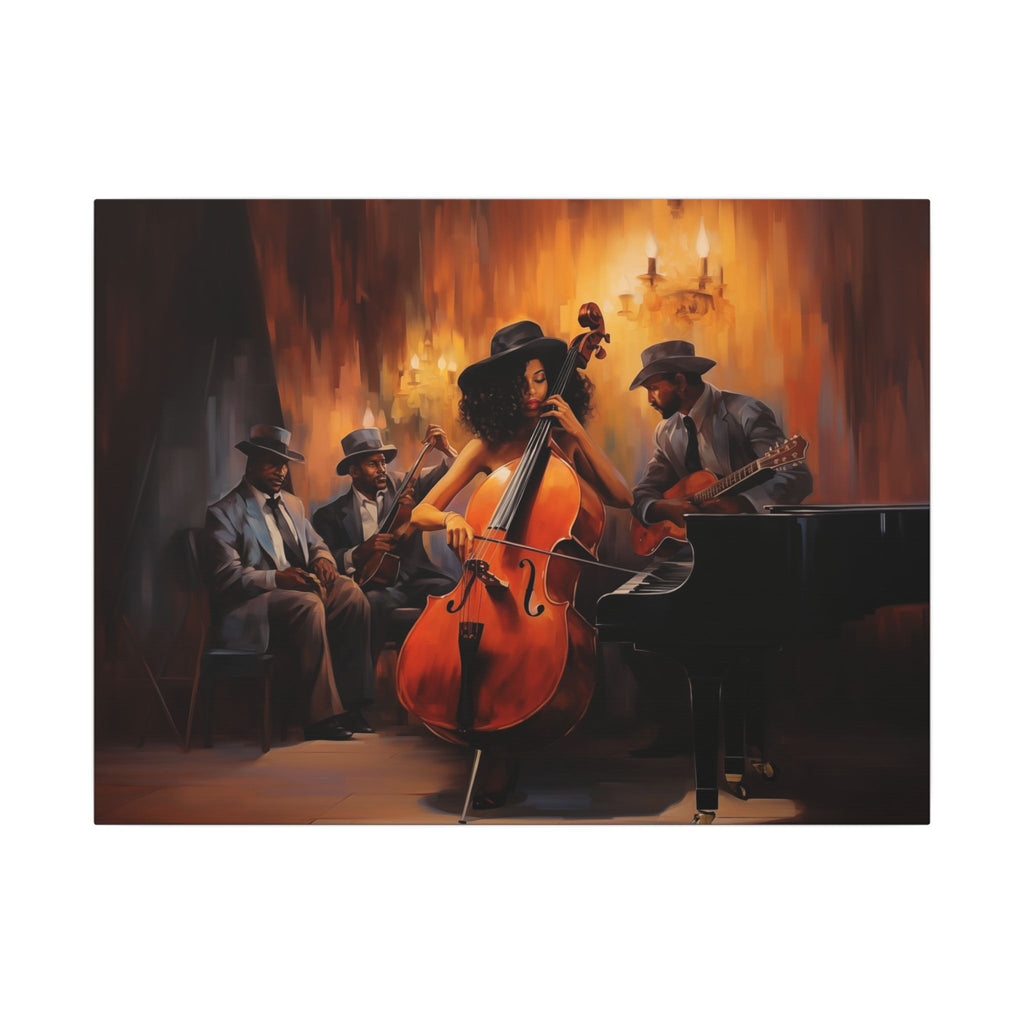 Jazz Band III canvas, full front view of the jazz band in warm orange and deep shadow