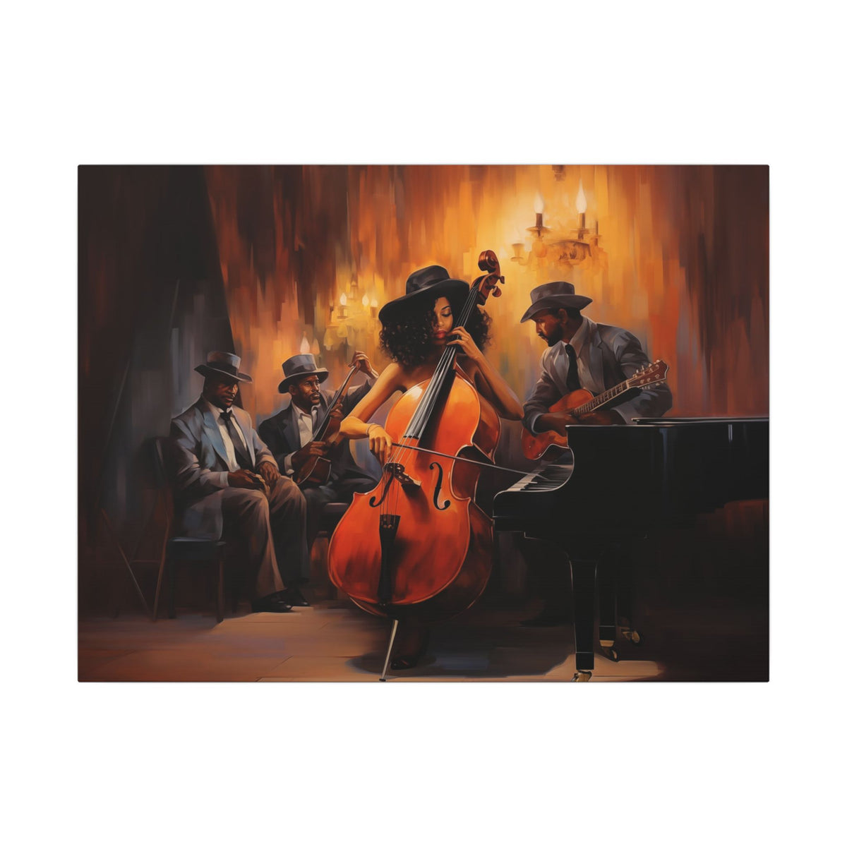 Jazz Band III canvas, full front view of the jazz band in warm orange and deep shadow