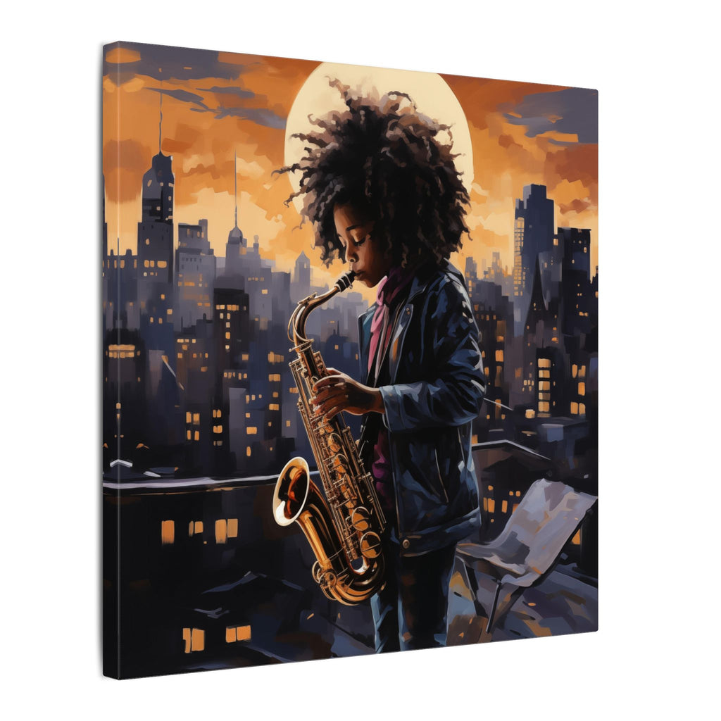 Black Child Saxophonist canvas, child playing saxophone on a moonlit city rooftop, angled view