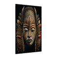 Tribal Chief canvas of an ancestral mask with striped face and feathered headdress, angled view