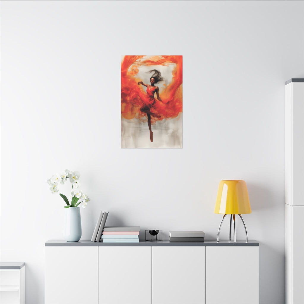 Flame Dancer canvas, side angle showing the wrapped edge and swirling orange and red
