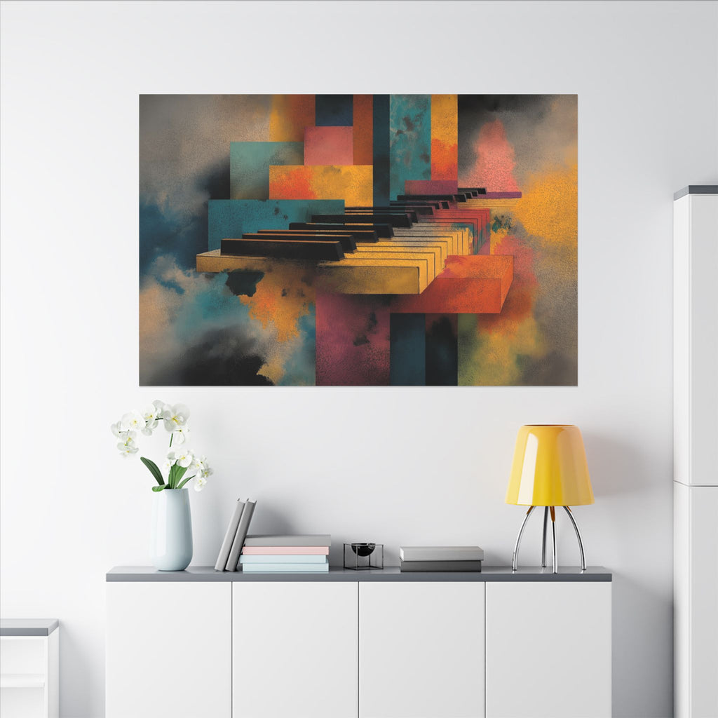 Piano Keyz canvas in a large size above a white sideboard and yellow lamp