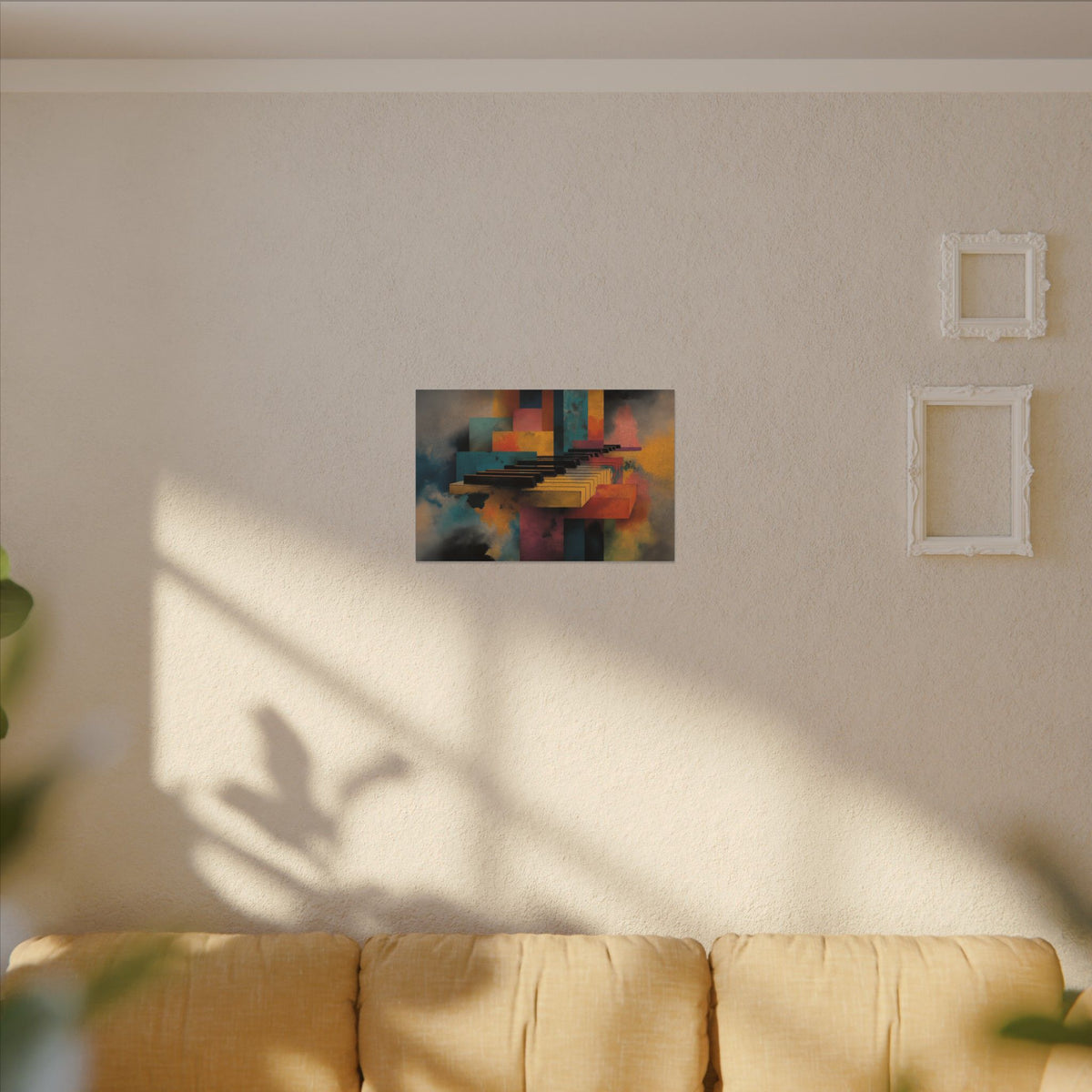 Piano Keyz canvas on a sunlit beige wall above a tan sofa
