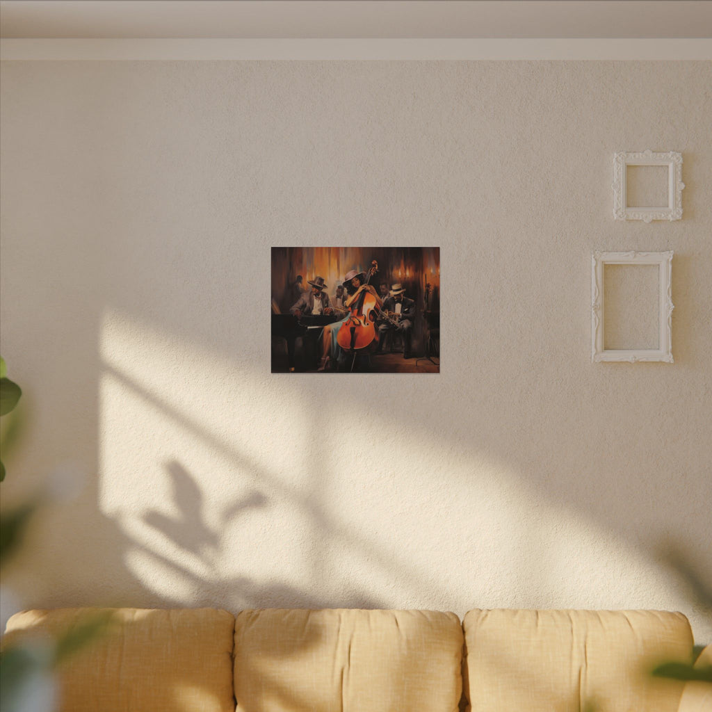 Jazz Band II canvas in a small size on a beige wall above a tan sofa in afternoon sun