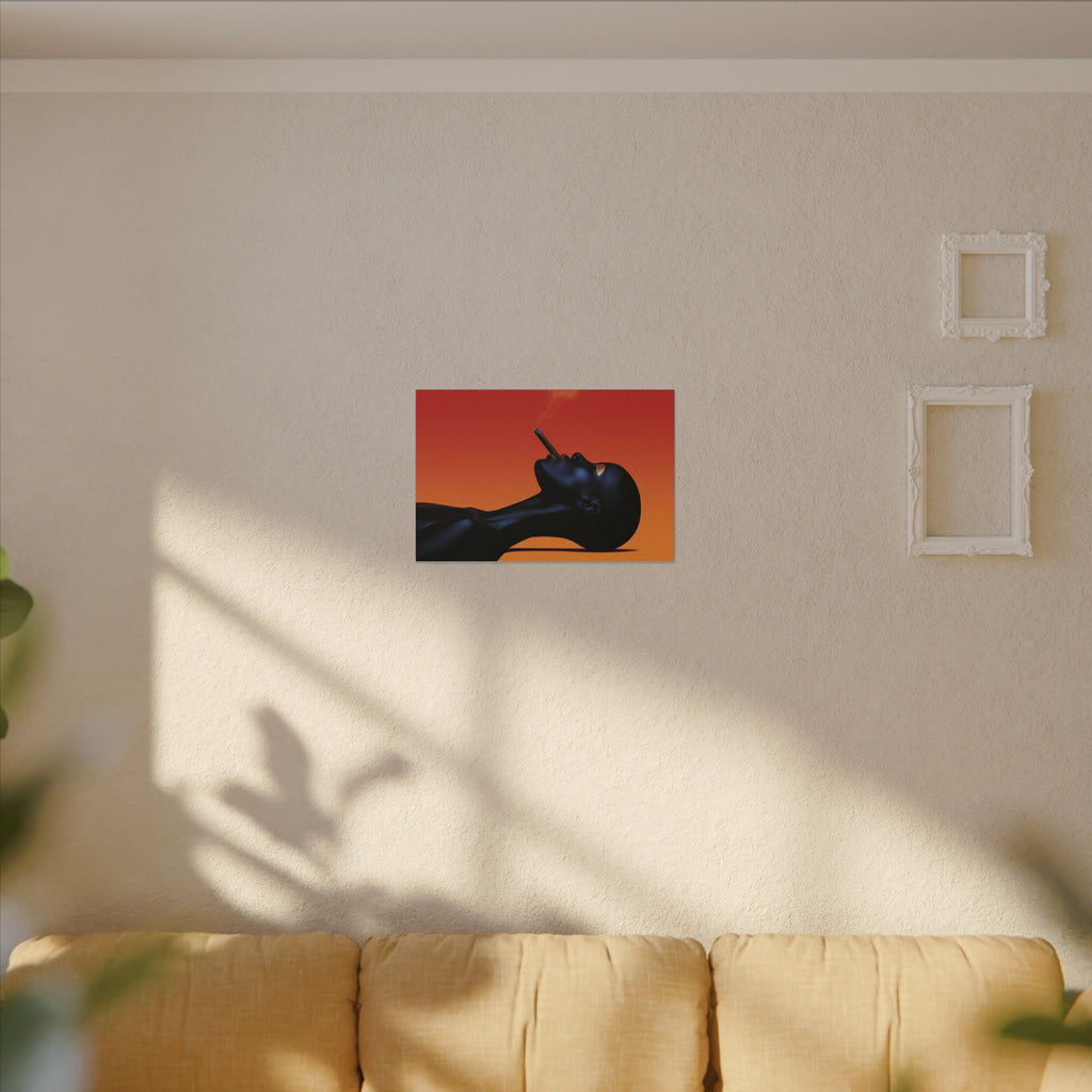 Smooth Operator canvas on a sunlit beige wall above a tan sofa