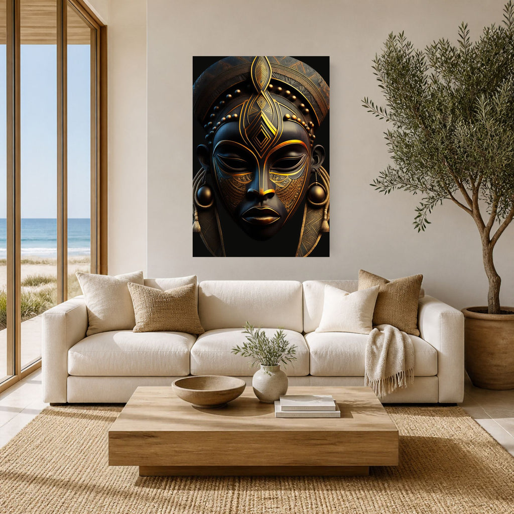Black & Gold Mask canvas above a cream sofa in a bright living room with an ocean view