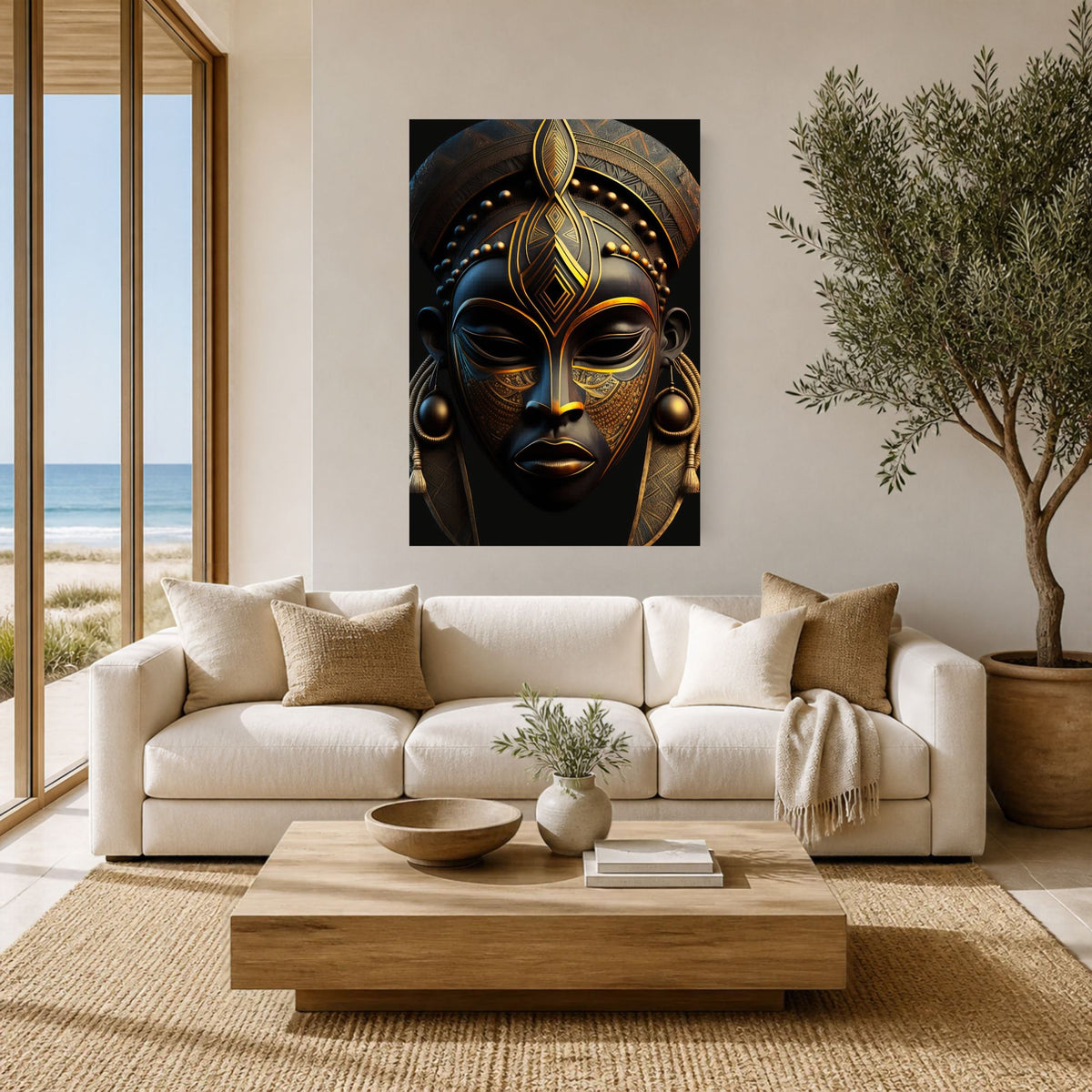Black & Gold Mask canvas above a cream sofa in a bright living room with an ocean view