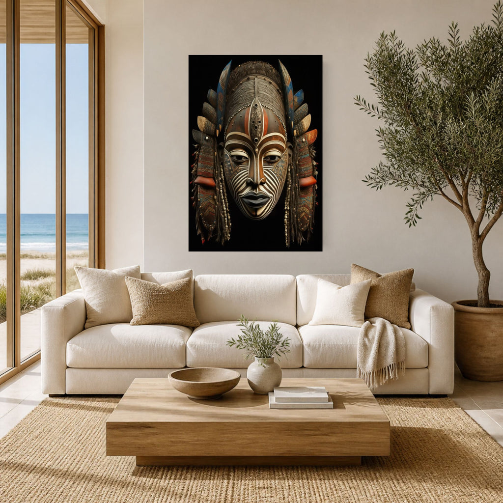 Tribal Chief canvas above a white sofa in a beach-view living room