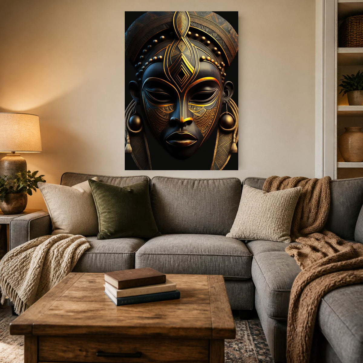 Black & Gold Mask canvas above a gray sectional with a wood coffee table and warm lamp