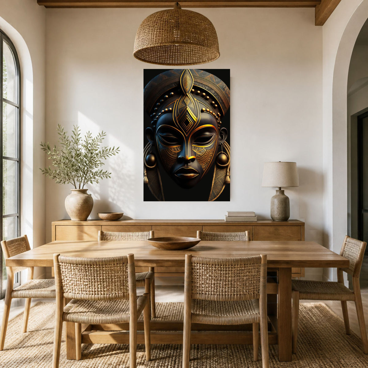 Black & Gold Mask canvas in a dining room above a wood table with woven chairs and rattan pendant