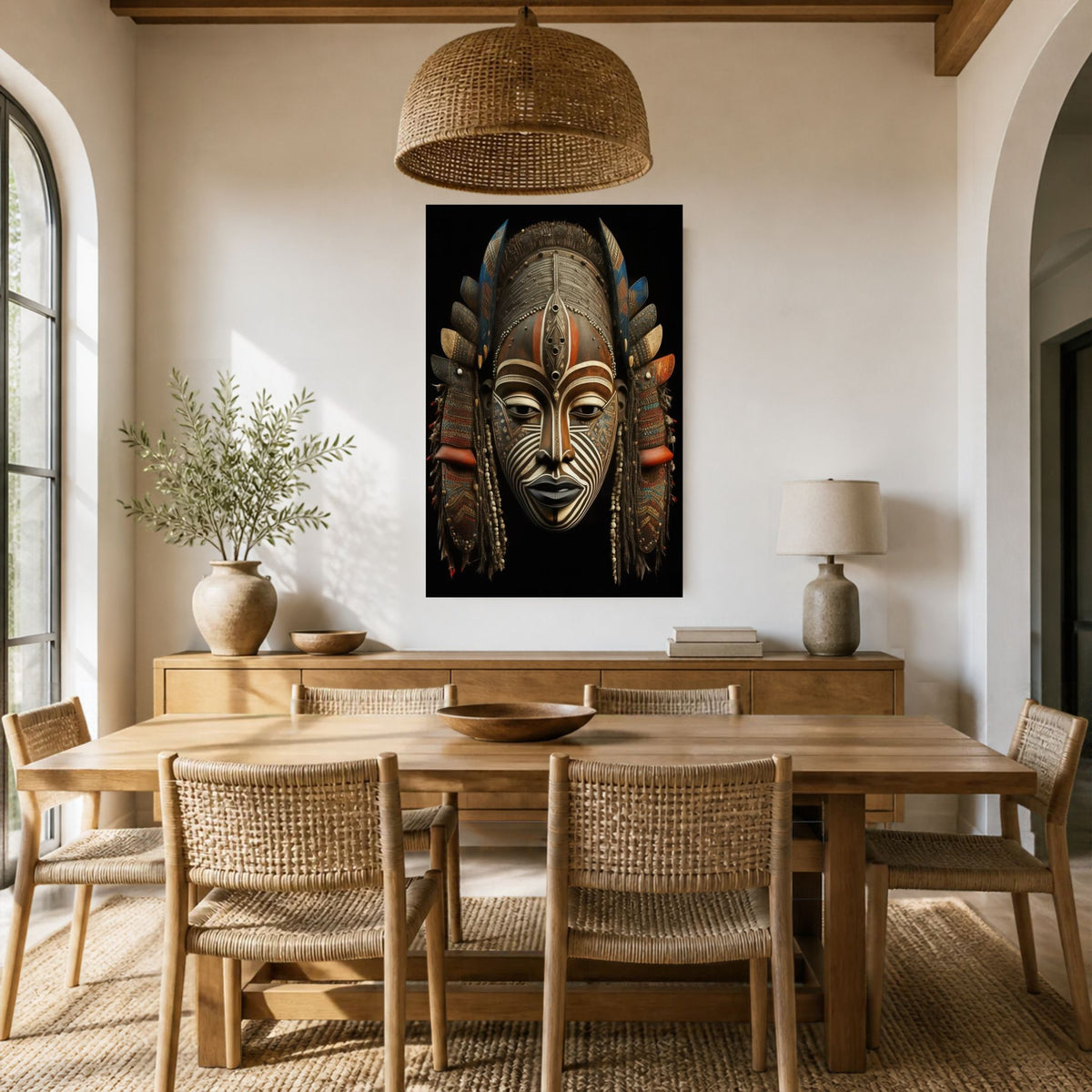 Tribal Chief canvas above a wooden sideboard and dining table under a woven pendant