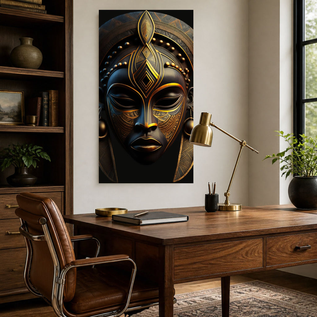 Black & Gold Mask canvas above a wood desk with a brass lamp and leather chair in a home office