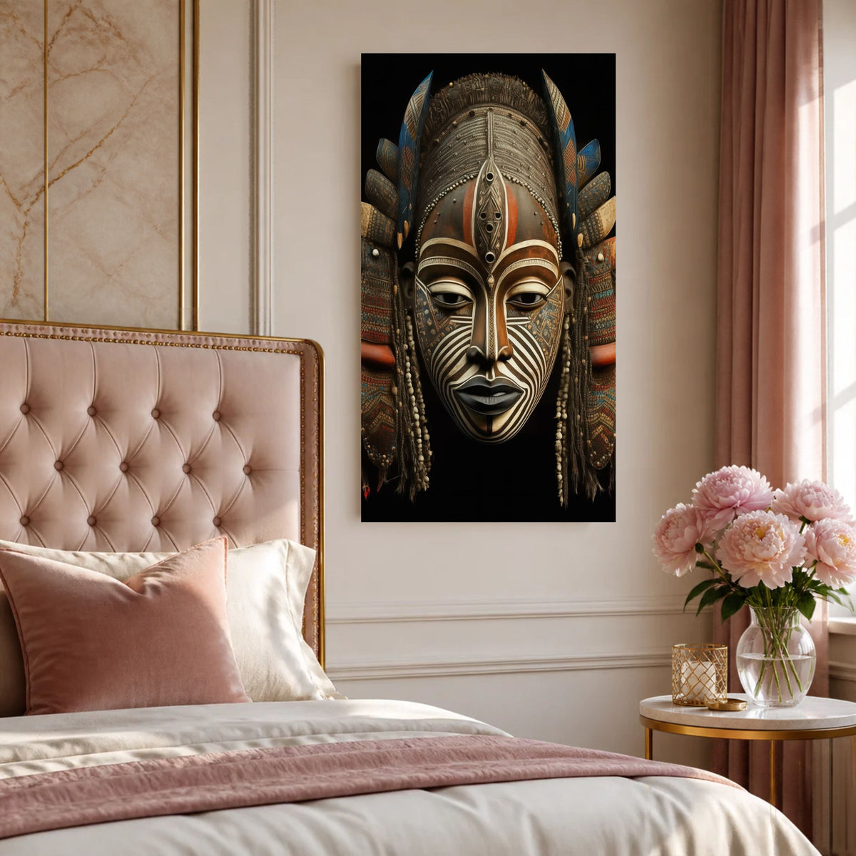 Tribal Chief canvas above a blush tufted headboard beside a vase of pink peonies