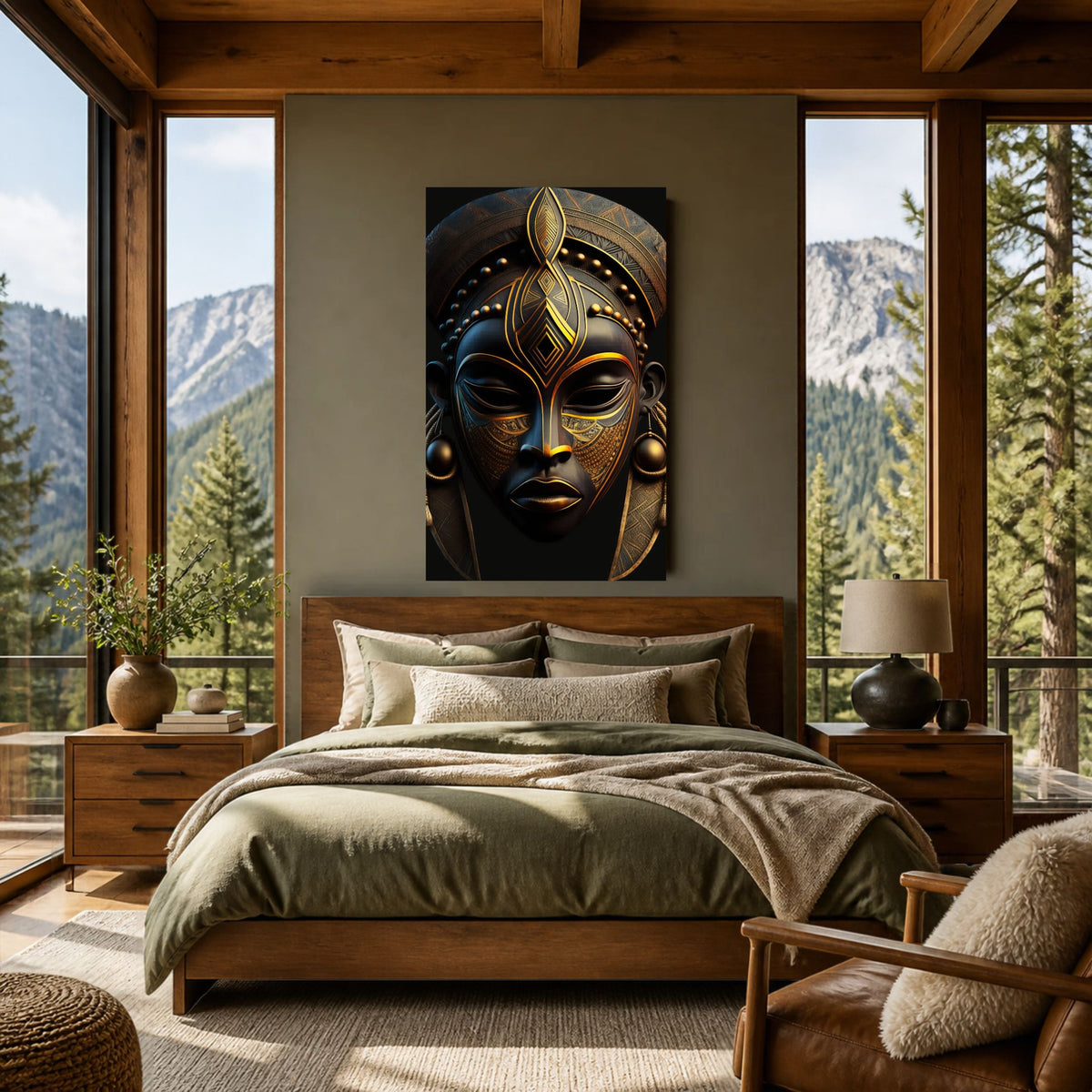 Black & Gold Mask canvas above a bed with olive bedding in a cabin bedroom with mountain views