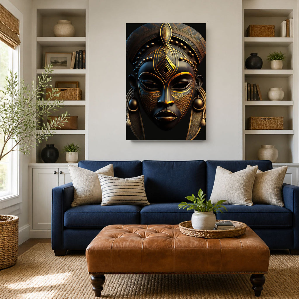 Black & Gold Mask canvas above a navy sofa and leather ottoman between white bookshelves