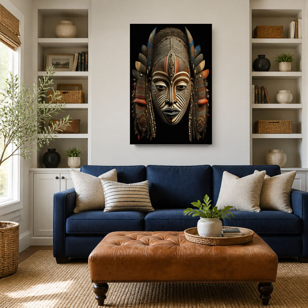 Tribal Chief canvas above a navy sofa and leather ottoman between white bookshelves